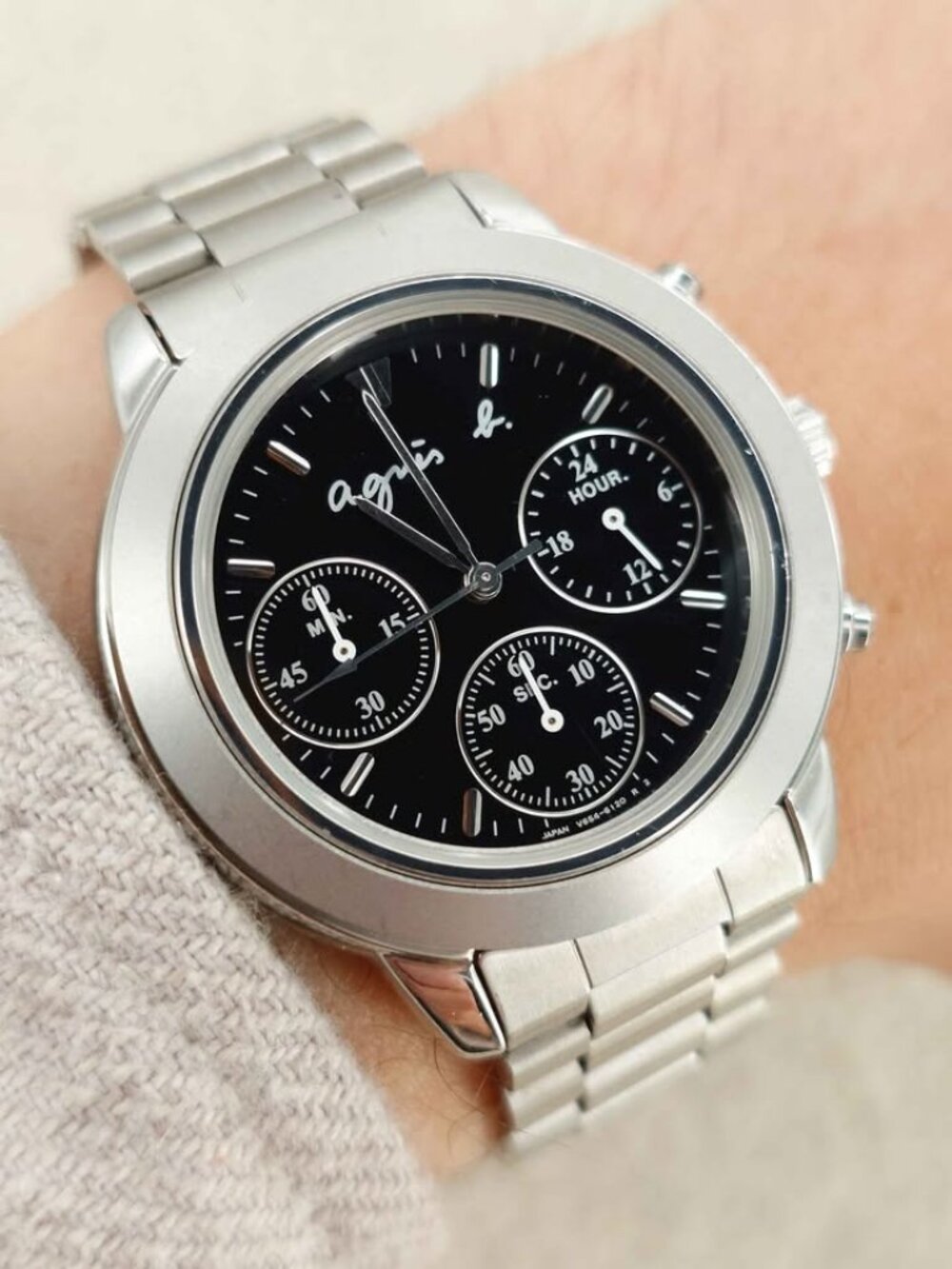 Seiko Agnes b. Unisex Quartz Chronograph Watch V654-6100 Black 37mm New Battery